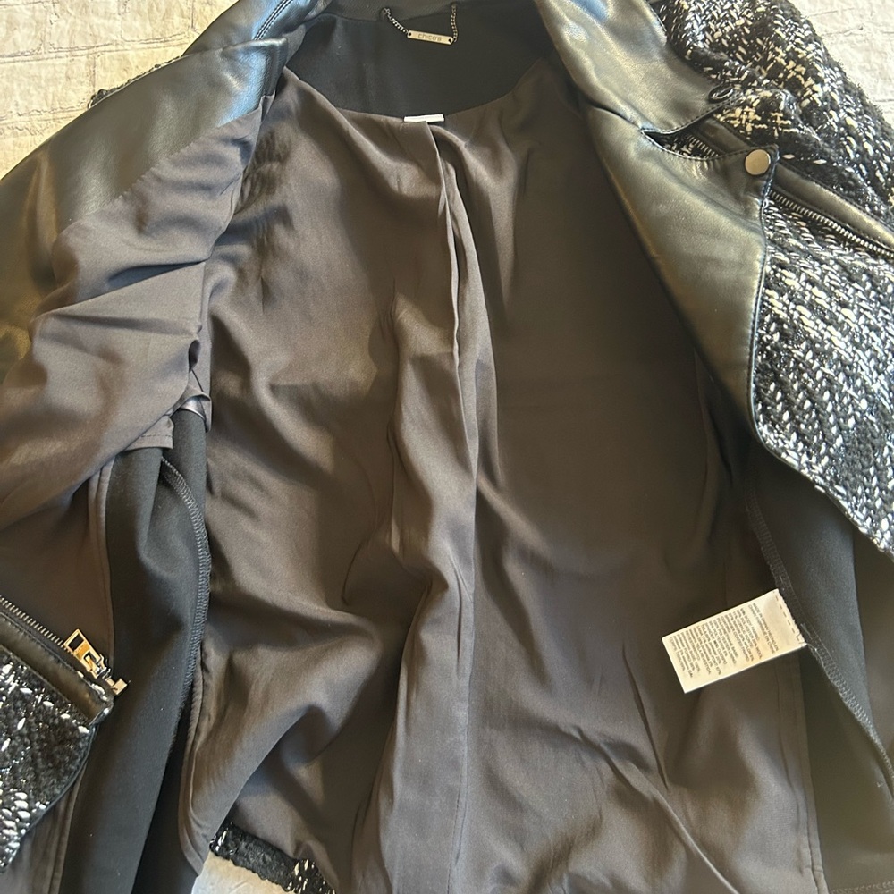 CHICO’S TWEED & FAUX LEATHER MOTO JACKET SILVER TONE HARDWARE WOMEN’S SIZE 1 - Picture 7 of 10